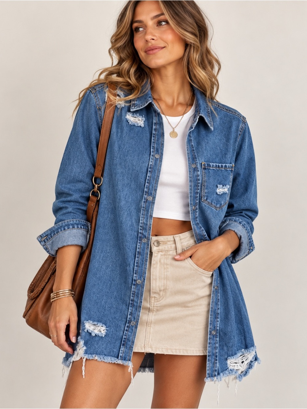NWT Women’s Denim Distressed Snap Shirt Shacket Country Western Streetwear M